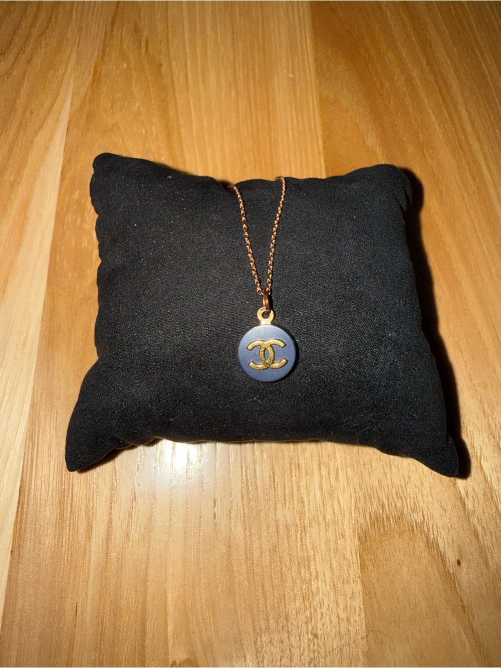 CHANEL Gold-Tone Chain with Blue Logo Disc Pendant